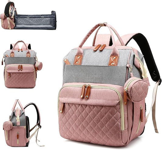 Diaper Bag with Changing Station, Waterproof 3 in 1 Baby Diaper Backpack with Foldable Changing Pad, Pink-Grey
