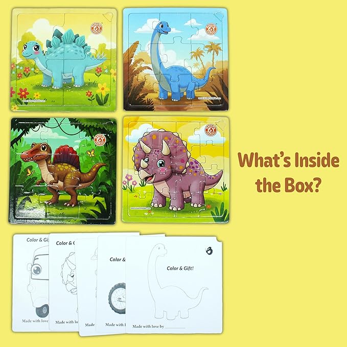 Butterfly EduFields 4-in-1 Dinosaur Jigsaw Puzzle Set for Kids | 38 Pcs Brain Boosting Puzzle Toy for Boys & Girls Age 3 4 5 6 7 | Preschool Learning with Coloring Sheets | Dino Gift for Kids