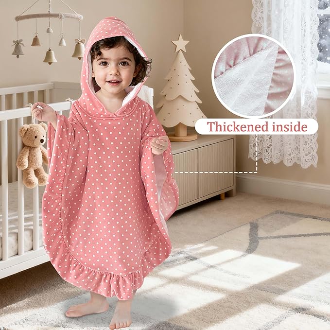 VOOVA & MOVAS Baby Hooded Towel Poncho with Ruffle Trim | Soft 100% Cotton | Absorbent Thick Towel for Bath, Swim, Beach & Winter | Cozy, Pink White Dot