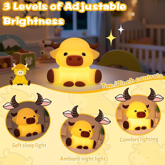 Highland Cow Lamp, Dimmable Silicone Touch Night Light, Soft Glow Bedside Lamp for Bedroom or Desk Decor, Highland Cow Gifts, USB Powered with Gentle Illumination