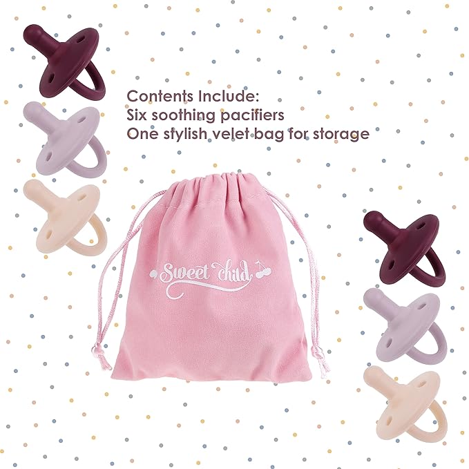 Sweet Child Pacifiers 0-18 Months, Set of 6 Ultra-Light Silicone Binkies with Collapsible Handle & 3 Air Holes for Added Safety, Best Newborn Pacifiers for Baby Boys Or Girls