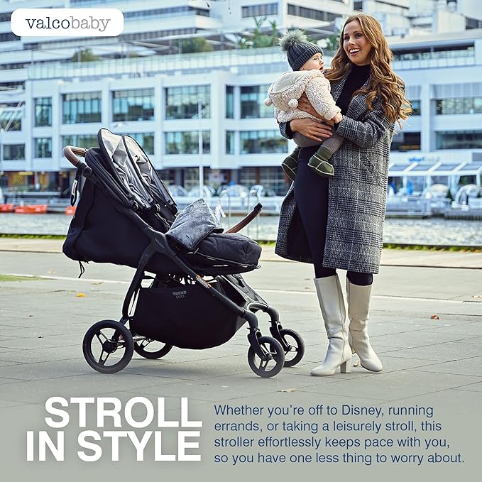Valco Baby Trend Duo Light Weight Side by Side Double Stroller 2025 (Denim Blue) - Easy and Compact fold, Multi-Position Recline, Large Canopy, Independent Twin Vents and More - Luxurious Twin Pram