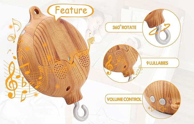 Crib Mobile Arm with Music Box - Imitation Wood - 23 Inch Mobile Arm for Crib - Crib Mobile Motor Battery Operated - Volume Control - 9 Lullabies - Crib Toys Attachments - Holder for DIY Clamp Mobile