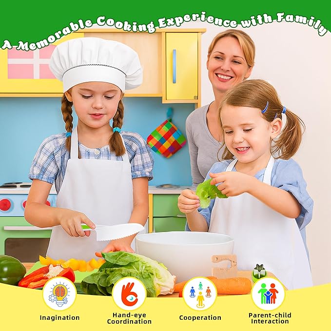 Kids Knife Set for Real Cooking 15Pcs Montessori Kitchen Toys for Toddlers Cooking Sets with Plastic Children Safe Knives Crinkle Cutter Cutting Board Kids Apron Chef Hat Gifts Toddler Toys