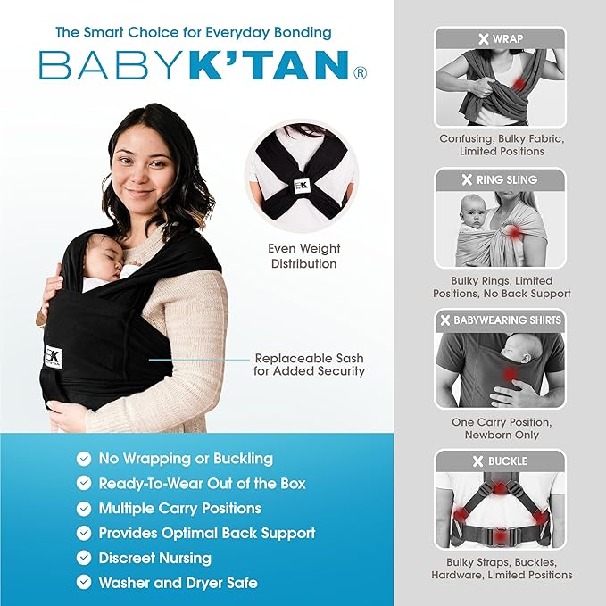 Original Baby K'tan Baby Carrier: #1 Easy Pre-Wrapped, Soft, Slip-On, No Rings, No Buckles | 5 in 1 Baby Sling Gift | The Best Hands Free Infant Wrap | Black | X-Large