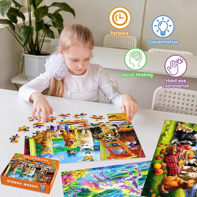 100 Piece Puzzles for Kids Ages 4-6, 4 in 1 Jigsaw Puzzles for Kids Ages 6-8, Sea World Cats Dogs Unicorn Learning Educational Children Puzzles 5-8 for Boys and Girls