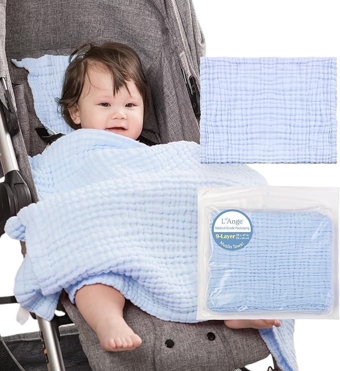 L'Ange Baby Bath Towel - 9 Layers 100% Cotton Muslin, Super Quick Dry, Medical Grade Packaging for Infants and Newborns - 28 x 47in - Blue