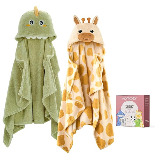 Momcozy Baby Bath Towels with Visualize Health Label - Ultra Soft & Absorbent Coral Fleece Hooded Towels for Newborn, Infant, Toddler (0-36 Months) Bath Essentials (Large Size,2 Pack)