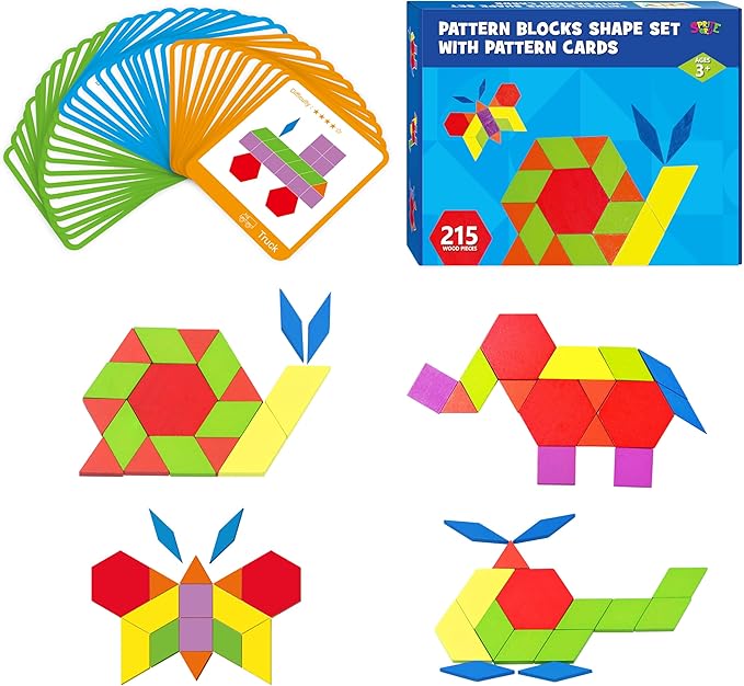 215 PCS Wooden Pattern Blocks Set, 24 Double-Sided Design Cards Pattern Building Shapes Educational Geometric Shape Puzzle Fun Tangram Montessori Learning Toys for Kids Ages 4-8 (A Storage Bag)