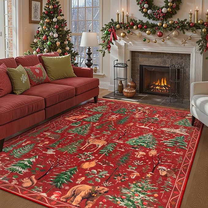 OJIA Christmas Area Rug 8x10 Red Animal Living Room Carpet Bedroom Throw Rug, Holiday Washable Rugs Non-Slip Soft Low Pile Kids Nursery Rug Large Carpet for Playroom Dining Room Home Decor