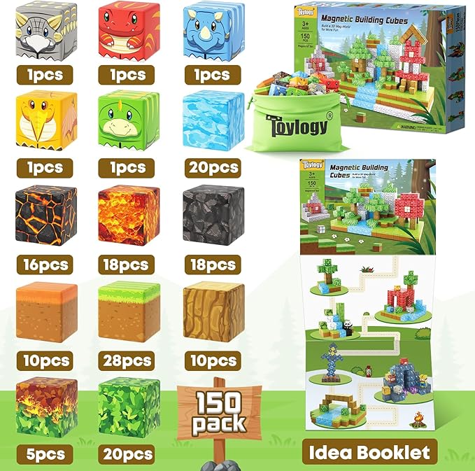 150PCS Dinosaur Toys Magnetic Blocks-Build Mine Magnet World Volcano Edition, Magnetic Kids Sensory Toys for 3+ Year Old Boys and Girls Building Blocks Toddler Games Through Jurassic Learning Gifts