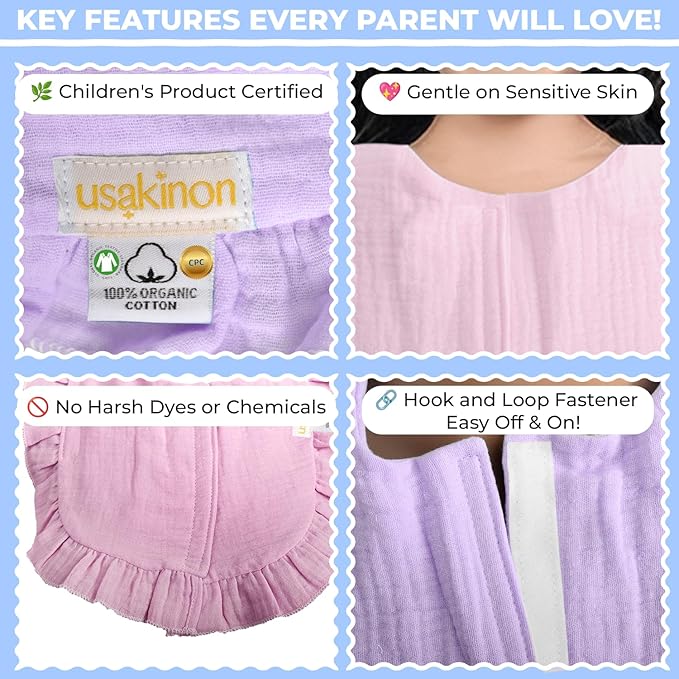 usakinon® 100% Organic Muslin Cotton Baby Bibs 2 Pack – Soft, Absorbent & Safe Newborn Essentials, CPC Certified