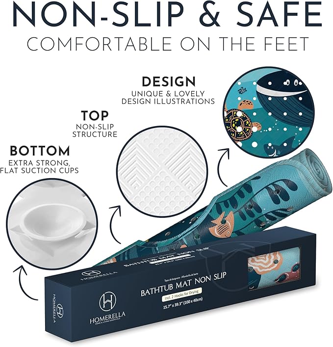 Homerella Baby Bath Tub Mat | Anti Mold Mildew Resistant Non Slip Kids and Adult Bath Tub Shower Mats | 40x16 inch Long with Suction Cups for Secure Grip Hooks for Storage & Drying | Machine Washable