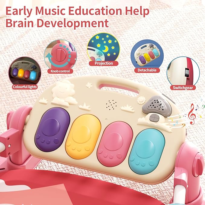 Baby Gym With Kick and Play Piano - Activity Mat for Tummy Time With 5 Infant Learning Sensory, Music and Lights for Newborn Boy or Girl (Pink)