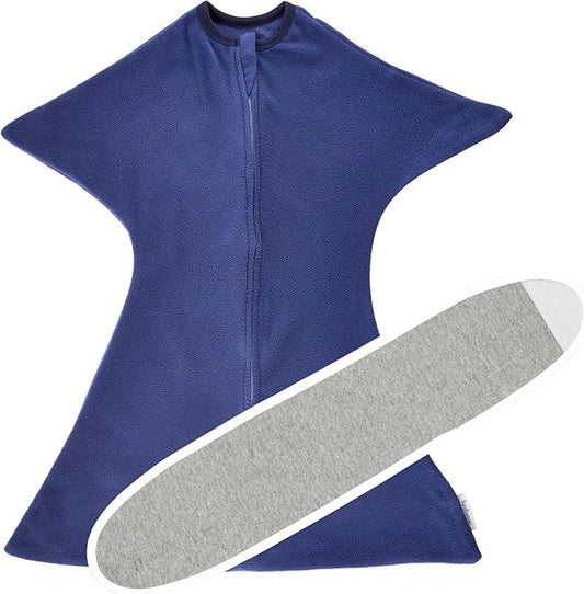 SleepingBaby Fleece Zipadee-Zip Transition Swaddle and Snuggle Strap Bundle - Roomy Baby Swaddle Blanket with Zipper Convenience and Wearable Blanket Accessory, Navy, Small (4-8 Month)