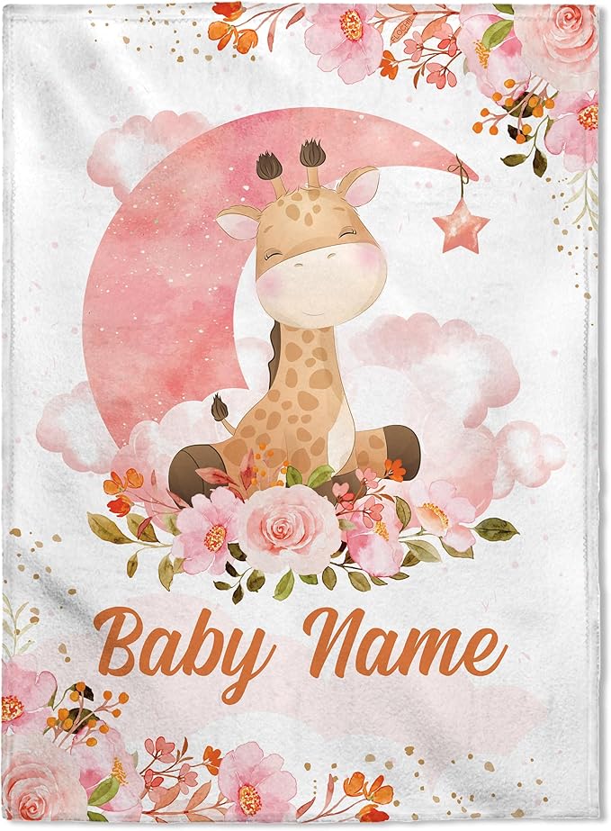 FLOCHIL Personalized Baby Blanket for Girls, Custom Baby Blanket with Name, Customized Baby Products, Gift for Baby, Newborn, Baby Shower (Giraffe)