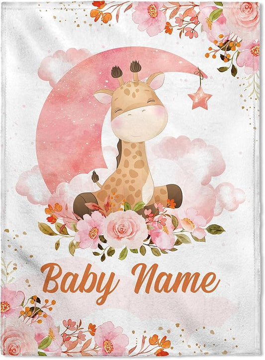 FLOCHIL Personalized Baby Blanket for Girls, Custom Baby Blanket with Name, Customized Baby Products, Gift for Baby, Newborn, Baby Shower (Giraffe)