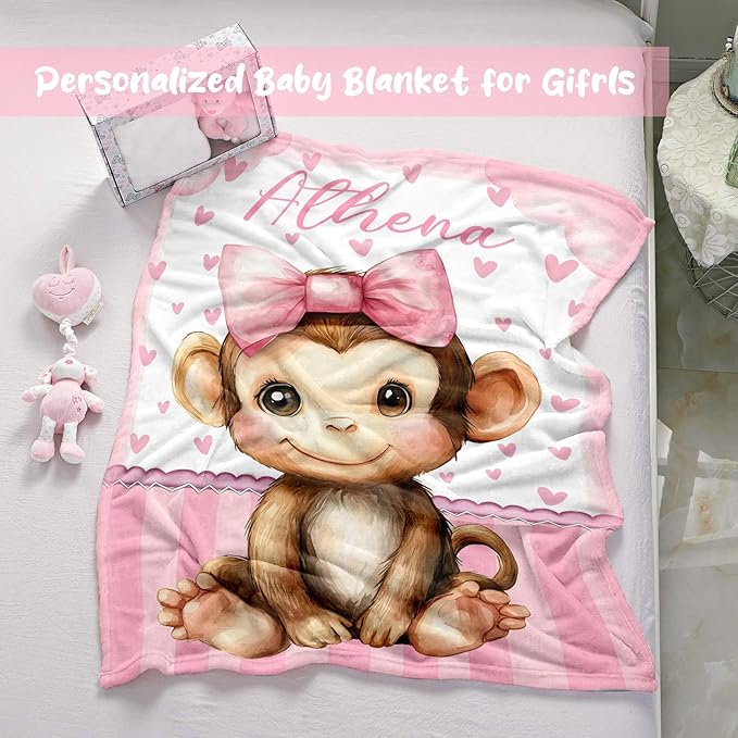 Personalized Baby Blanket for Girls, Custom Baby Blanket with Name, Soft Cozy Personalized Name Blankets for Kids, Customized Monkey Blanket for Infant Toddler Birthday Christmas