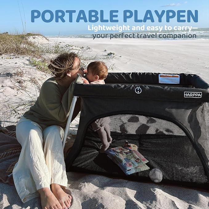 HARPPA Travel Crib with Comfy Mattress, Lightweight Portable Crib Requires No Assembly, Foldable Pack and Play for Baby and Toddlers, Compact Play Yard with Bed,Black