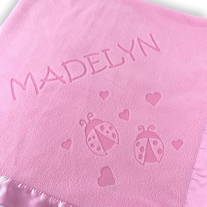 Custom Catch Personalized Girl Pink Baby Blanket Gift with Flower, Ladybug, Bee or Butterfly