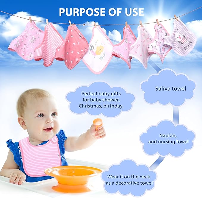 DOKMA Set 8 Organic Cotton Baby Drool Bibs - Bandana Teething Bibs for Baby - Bandana Drool Bibs - Ultra Soft, No Scratch