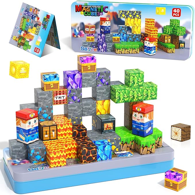 Magnetic Blocks Travel Toys with Metal Tin Travel Essentials STEM Learning Outdoor Building Kids Toddler Toys & Birthday Gifts for Boys Girls Ages 3+
