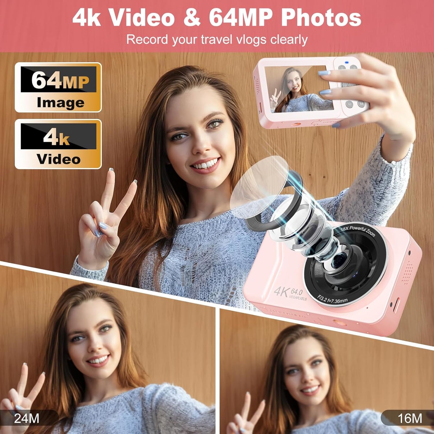 Digital Camera, 4K 64MP, 18X Zoom, Point and Shoot Digital Camera with 64GB TF Card & 2 Batteries, Portable Rechargeable Small Camera for Kids Teens Adult, Pink