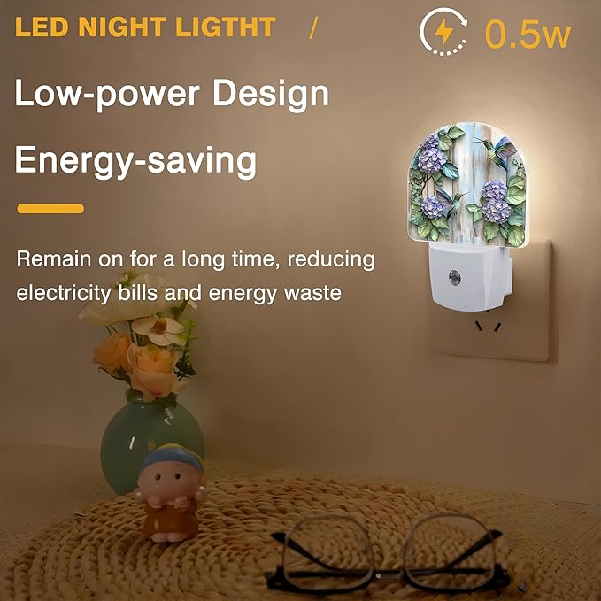 Night Lights Plug into Wall Hummingbirds and Hydrangea Flowers Night Light Dusk to Dawn Smart Sensor Decorative Round Led Lamp for Bedroom Kitchen Hallway Nightlight for Women Men