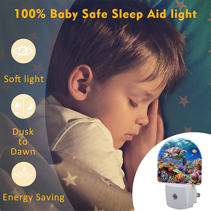 Sea Turtle in Coral Reefs Night Light, Underwater World Marine Fish Corals Dusk to Dawn Night Light Plug in,0.5w Energy Saving Sleep Friendly NightLight for Kids Boys Girls Home Decor