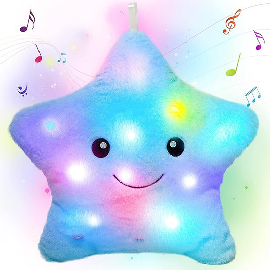 Cuteoy 13“ Musical Blue Star Plush Pillow Glowing Twinkle Night Light Stuffed Animal LED Toys Adjustable Volume Birthday for Girls Boys
