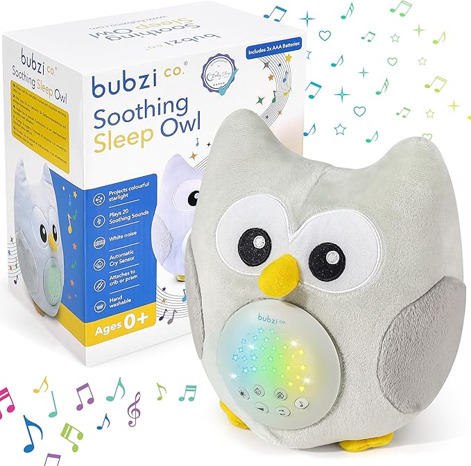 Bubzi Co Sound Machine, Portable Owl Soother & Night Light Projector, Comforting Electronic Infant Toddler Sleep Aid & Shush with White Noise