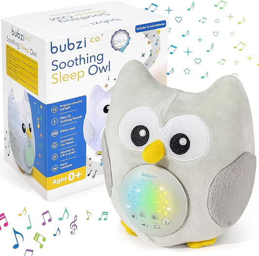 Bubzi Co Sound Machine, Portable Owl Soother & Night Light Projector, Comforting Electronic Infant Toddler Sleep Aid & Shush with White Noise