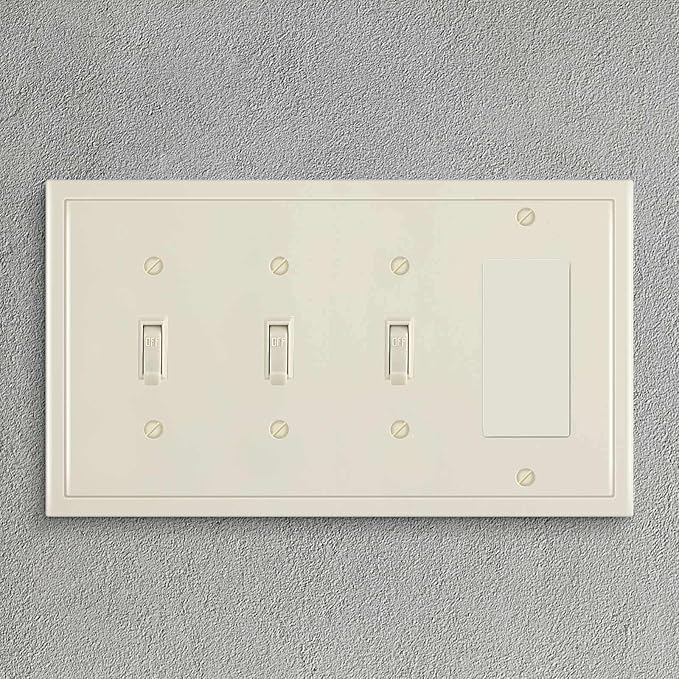 Henne Bery Modern Edge Decorative Wall Plate Switch Plate Outlet Cover, Durable Solid Zinc Alloy (Triple Toggle/Single Decorator, Light Almond)