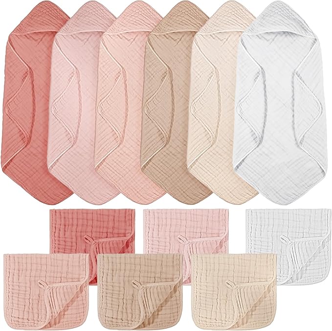 VitalCozy 12 Pcs Baby Muslin Hooded Bath Towels and Washcloths, 32 x 32 Inch Muslin Cotton Hooded Baby Towels Absorbent Hooded Blankets for Gift Newborn Infant Shower (Pink Beige Series)
