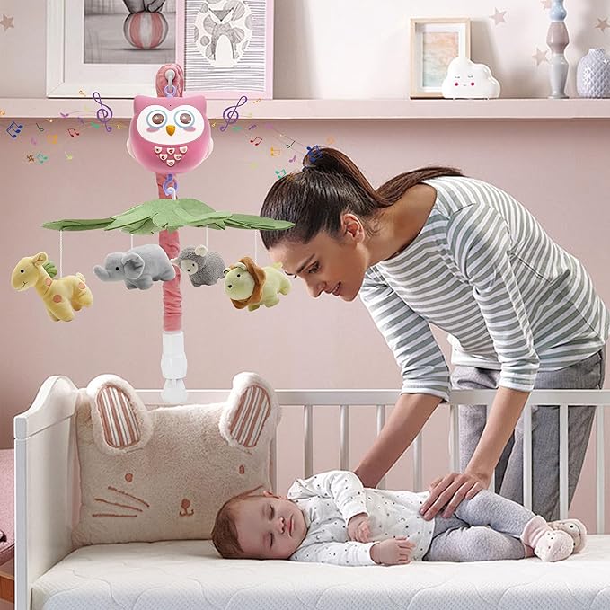 YUNGCHI Baby Crib Mobile with Music and Lights for Boys Musical Mobile Safari Animals for Girl Crib Bassinet Toys Hanging Portable Baby Mobile for Pack and Play Pink