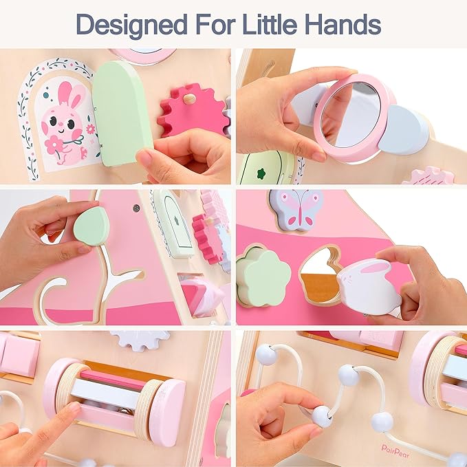 PairPear Wooden Baby Walker Push and Pull Learning Activity Walker, 8-in-1 Montessori Busy Board Push Walker Wooden Activity Center Toys for Boys and Girls 12m+ （Pink Rabbit）