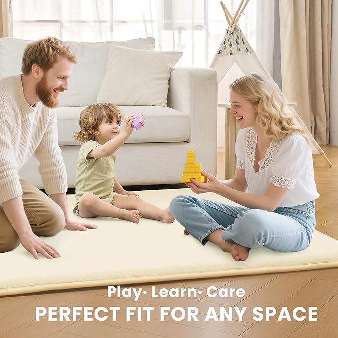 ACOMOPACK 1.3" Thick Baby Play Mat for Floor 50x50"-Memory Foam Water-Repellent Playpen Mat for Tummy Time,Non-Slip Soft Velvet Nursery Rug for Kids,Toddlers,Infants Crawling（Beige）
