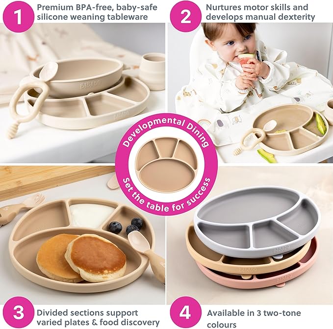 BIBaDO - Silicone Suction Divider Plate (Fawn) - Toddler Plates - Help Develop Motor Skills - Durable, Dishwasher & Microwave Safe, BPA Free - Medical Grade - Baby Essentials - 6 Months to 3 Years