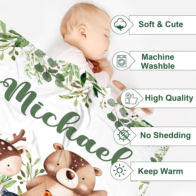 J&SBGFT Personalized Baby Blanket for Boys with Custom Name, Jungle Animal Receiving Blanket for Toddlers, Kids Nursery, Stroller, Crib, Decor Throw