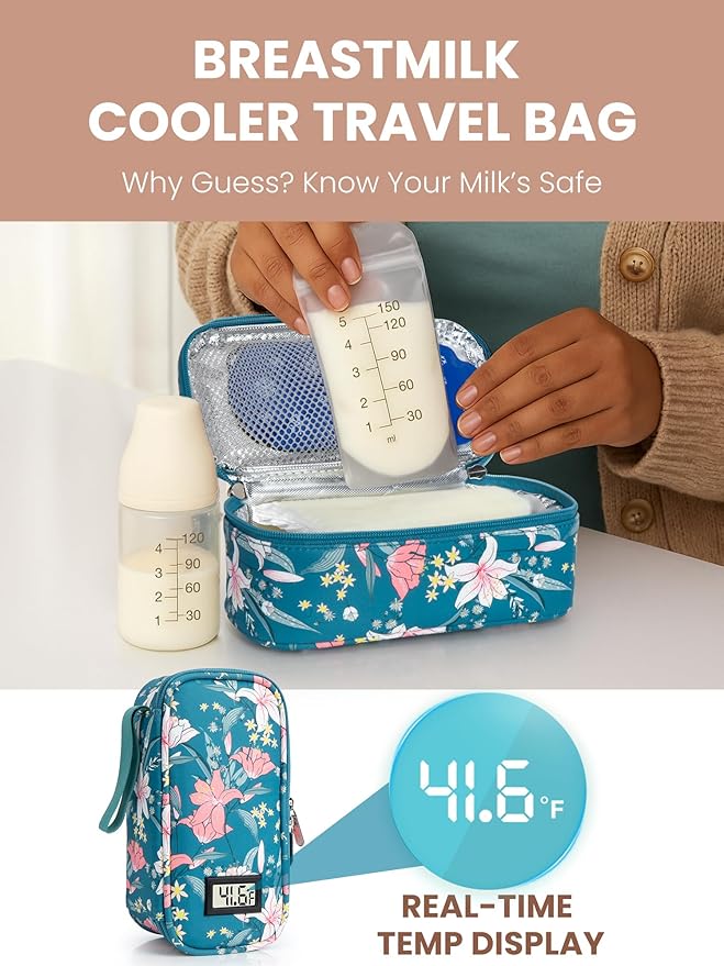 Breast Milk Cooler Travel Bag, Real-Time Temperature Display, Holds 4-6 Breastmilk Storage Bag with 2 Breast Milk Ice Pack, Cooling & Waterproof Portable Cooler for Moms on the Go(lily)