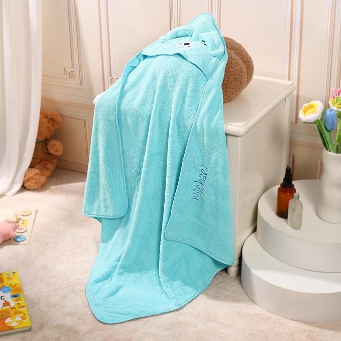 Personalized Baby Towels for Newborn Custom Embroidery Name Hooded Baby Bath Towels for Boy Girl Newborn Essentials Must Haves Shower Gift Soft Coral Velvet 30"x30" (Blue)