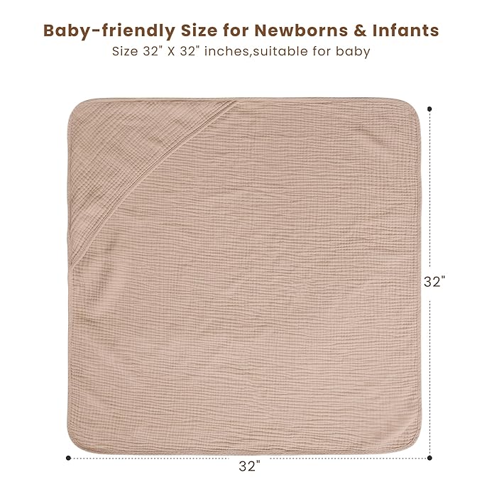 Konssy 2-Pack Muslin Hooded Baby Towels, 100% Cotton, Ultra-Soft & Absorbent Baby Bath Towels with Hood for Newborn & Infant (Cream, Camel,32" x 32")
