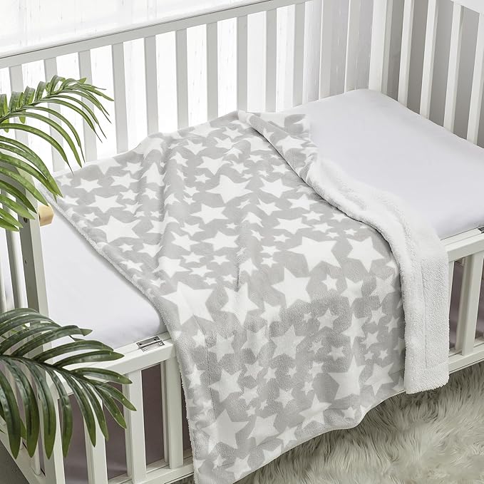 CREVENT 30"X40" Cozy Soft Warm Two Layers Sherpa Baby Blanket for Girls Boys, Newborn Essentials for Infant, Baby Shower Receiving Gift - Star Grey 75X100cm