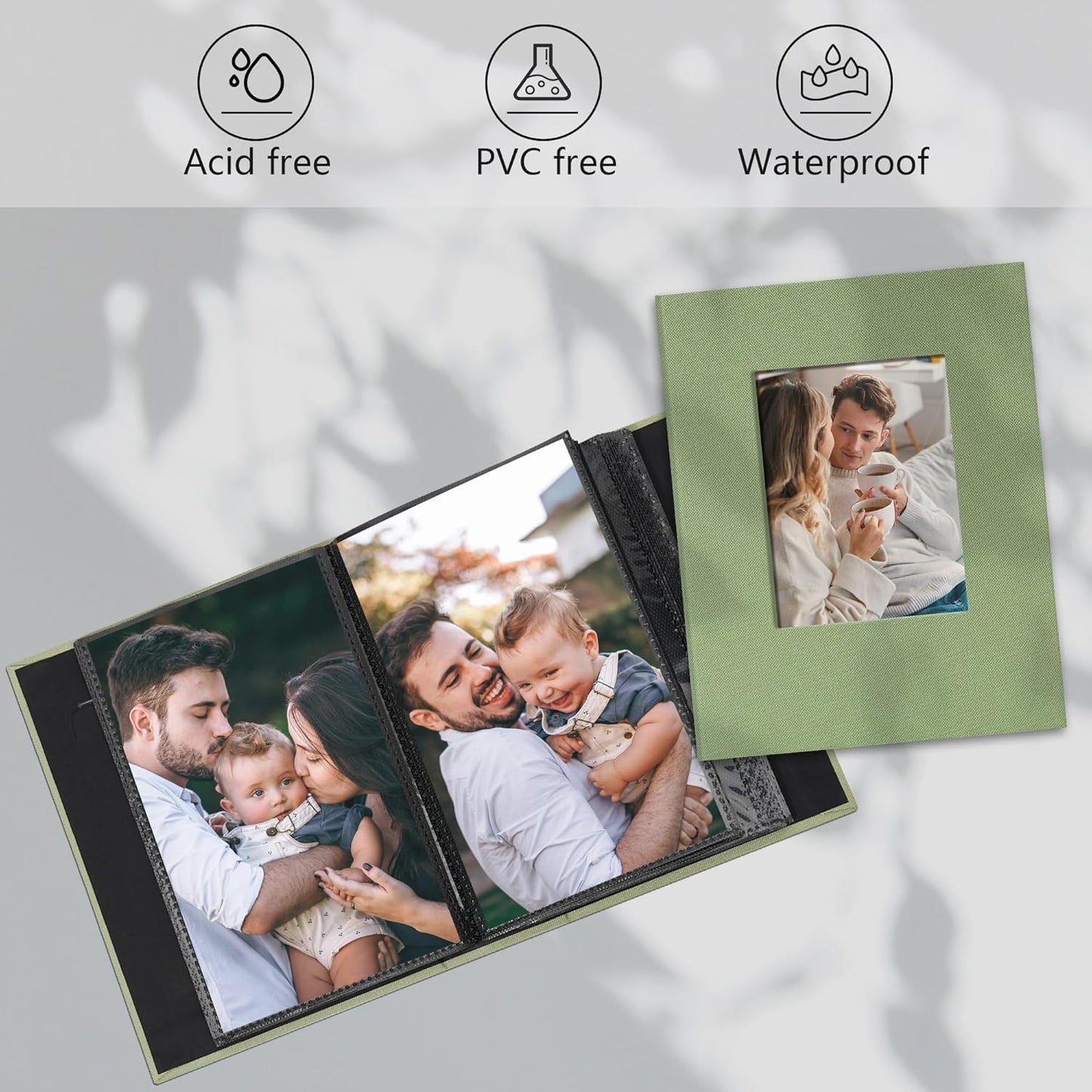 Small 4x6 Photo Album 100 Pockets Linen Cover with Front Window Portable Mini Picture Book for Family Travel Wedding and Memory Keepsake Organizer Light Green