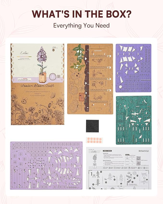 3D Flower Wooden Puzzles for Adults-Lilac, DIY Wooden Flowers Model Kit Building Set Crafts for Adults to Build, Botanical Collection/Ideal Creative Gift Ideas/Housewarming (154PCS)