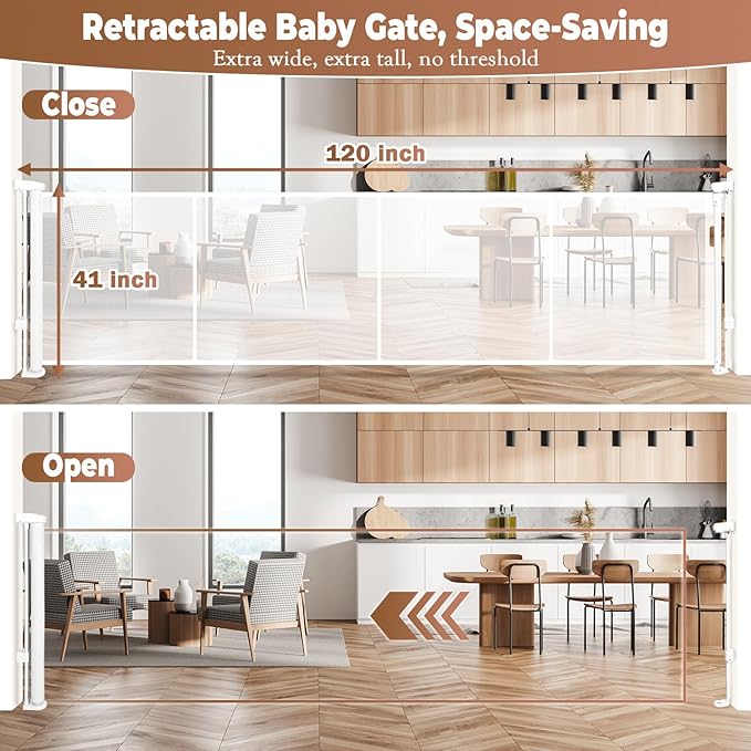 120" Retractable Baby Gate Extra Wide, 41" Tall Retractable Dog Gate for Stairs, Doorways, Decks, Mesh Gate Long Child Gate Pet Gate for Indoor, Outdoor, with Reinforced Mesh Rods, Dual Locks