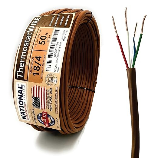 18/4 50Ft. NATIONAL Wire&Cable Thermostat Doorbell HVAC Heating Control Professional Cable Wire - Made in USA - 100% Solid Copper Conductors, CL2 ETL Listed, Low Voltage Applications Use