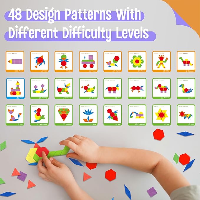 215 PCS Wooden Pattern Blocks Set, 24 Double-Sided Design Cards Pattern Building Shapes Educational Geometric Shape Puzzle Fun Tangram Montessori Learning Toys for Kids Ages 4-8 (A Storage Bag)
