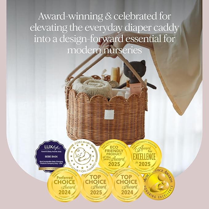 BEBE BASK Premium Baby Diaper Caddy Organizer - Handmade & Award-Winning Scalloped Rattan Basket - Luxury Diaper Caddy Basket - Elegant Scalloped Edge (Mocca)
