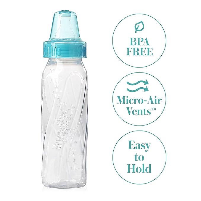 Evenflo Feeding Classic Clear Plastic Standard Neck Bottles for Baby, Infant and Newborn - Teal/Green/Blue, 8 Ounce (Pack of 12)